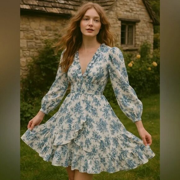 LoveShackFancy x Gap Blue Floral Ruffle Mini Dress - Picture 10 of 11